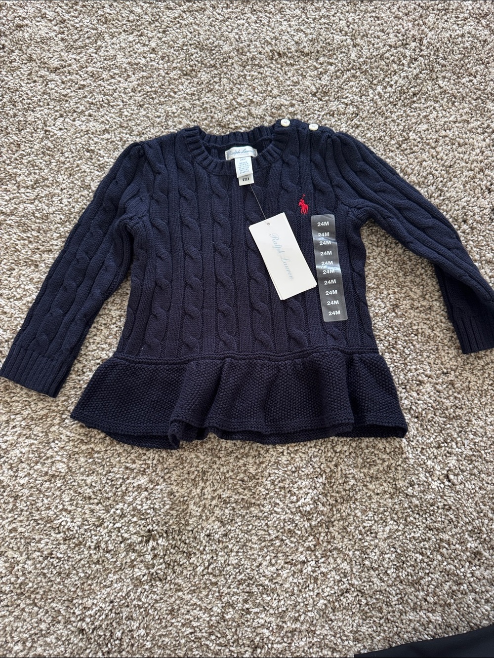 Ralph Lauren Navy Cable Knit Peplum Sweater with Red Pony - Girls